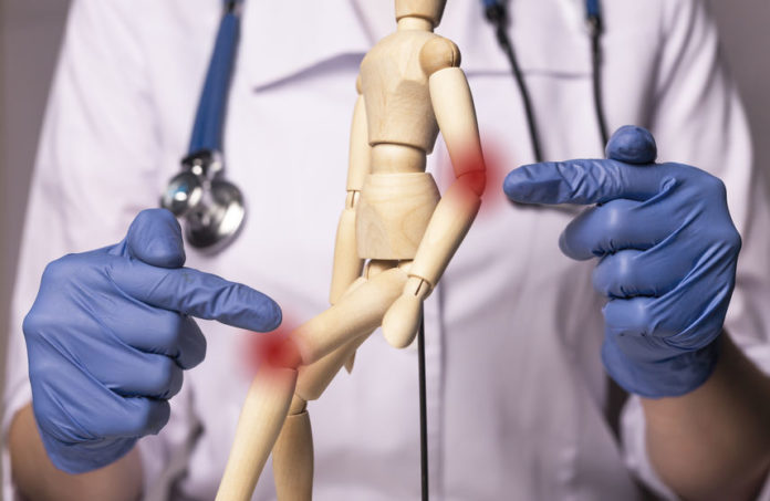 Médecin montrant sur un pantin en bois, les articulation atteintes par l'arthrose